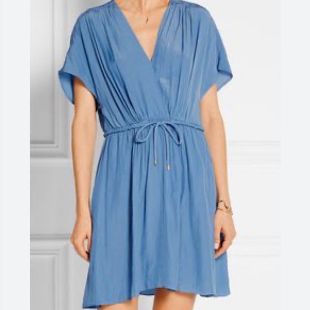 Maje Satin V-Neck Drawstring Waist Mini Dress in Light Blue Size medium